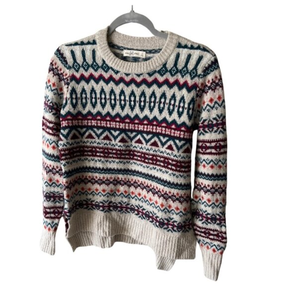 Cream-colored and blue-spliced round-neck sweater - Picture 1 of 5
